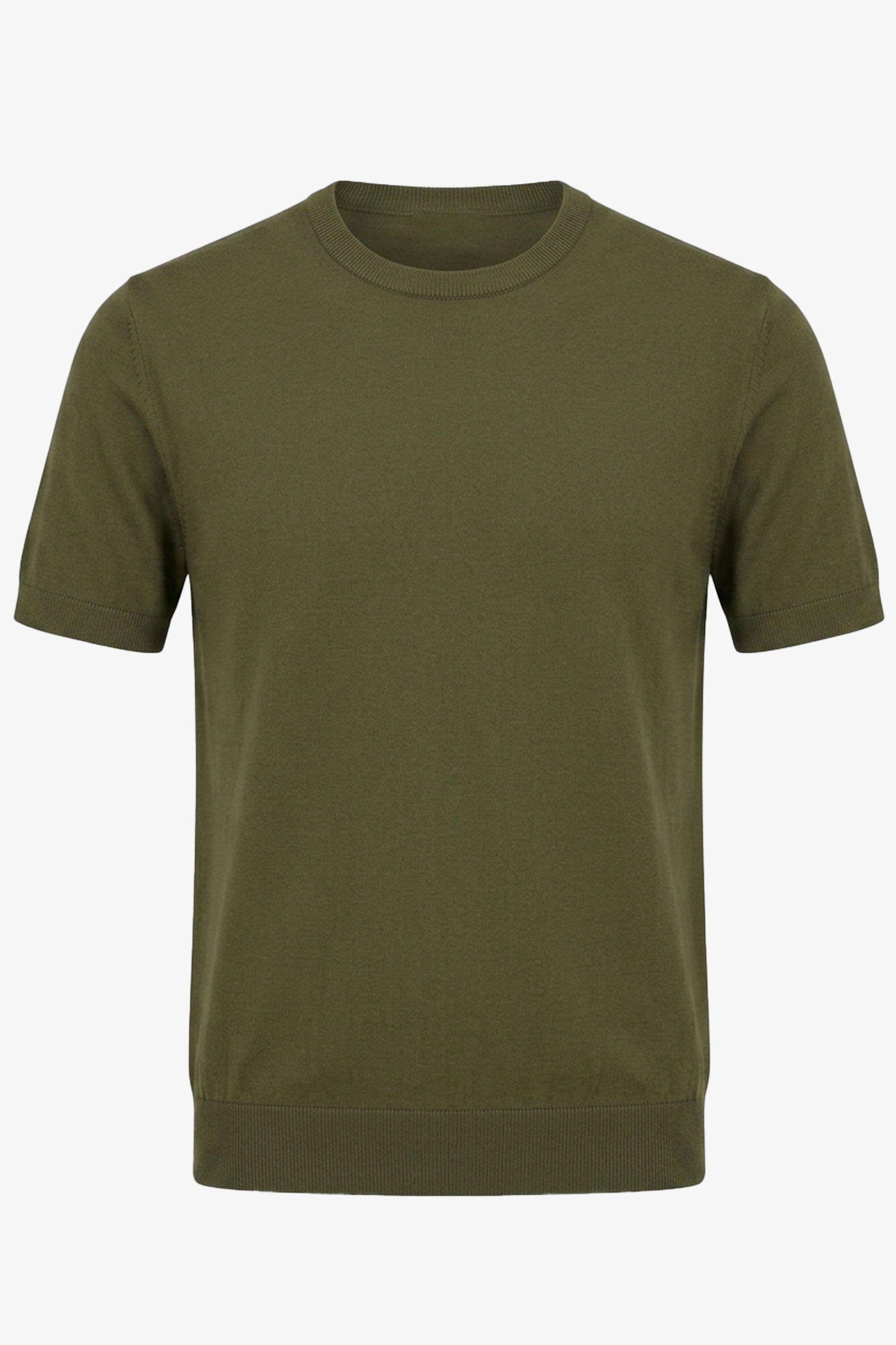 Tricou bărbătesc verde măsliniu, tricotat, croială regulată, cu guler rotund, mânecă scurtă