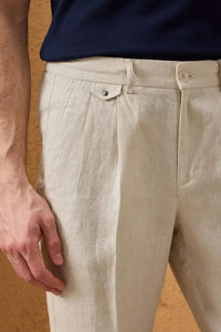 Set bărbătesc de vară, elegant, casual, cu jachetă din in verde salvie și pantaloni bej, cu fermoar