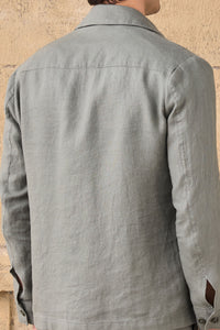 Set bărbătesc de vară, elegant, casual, cu jachetă din in verde salvie și pantaloni bej, cu fermoar