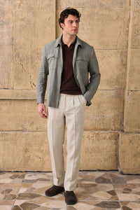 Set bărbătesc de vară, elegant, casual, cu jachetă din in verde salvie și pantaloni bej, cu fermoar
