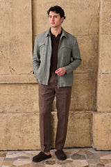 Set bărbătesc de vară, elegant, casual, cu jachetă din in, verde salvie, cu fermoar, și pantaloni maro