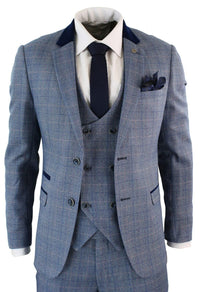 Mens 3 Piece Blue Check Suit - Marc Darcy Hilton