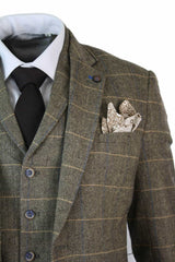 Cavani Albert - Men's Herringbone Tweed Check 3 Piece Suit - Tan Brown