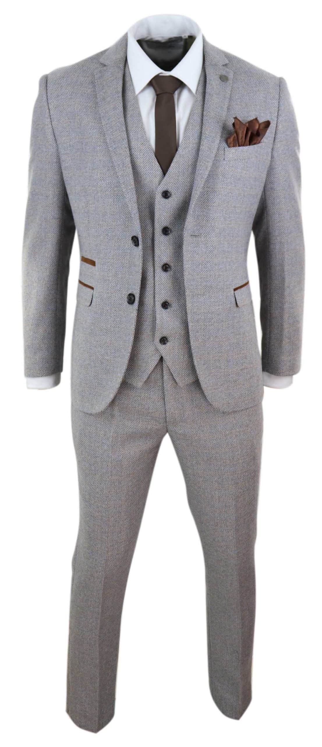 Mens 3 Piece Tweed Check Suit - Cream