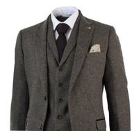 Mens 3 Piece Wool Blend Herringbone Tweed Suit Brown Vintage Tailored Fit Tan
