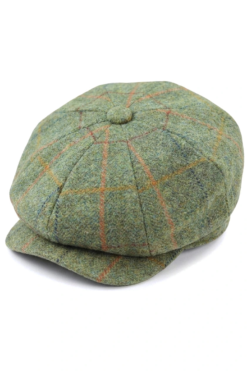 Pălărie bărbătească cu 8 panouri, model ras, Tweed Blinders, Newsboy, verde, în carouri
