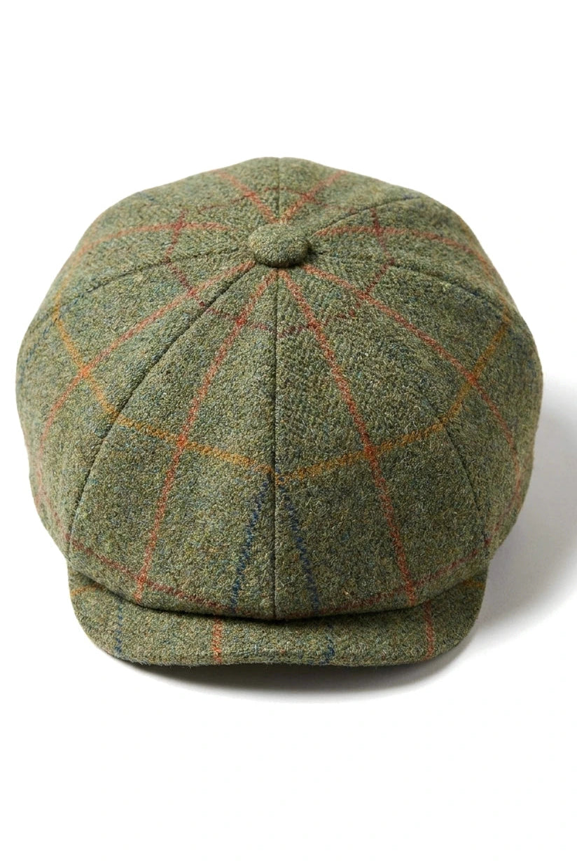 Pălărie bărbătească cu 8 panouri, model ras, Tweed Blinders, Newsboy, verde, în carouri