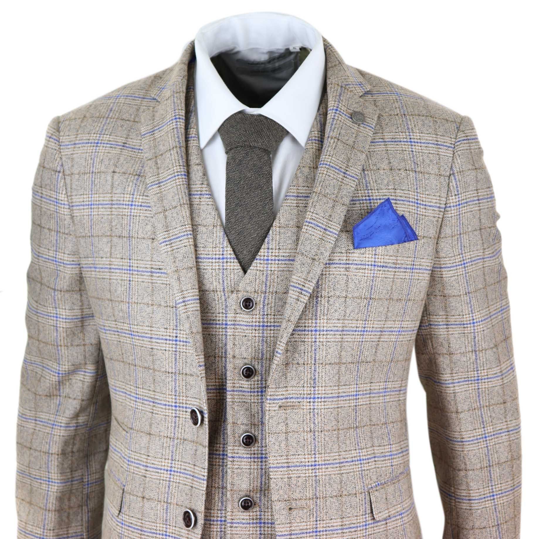 Mens Beige 3 Piece Tweed Check Suit