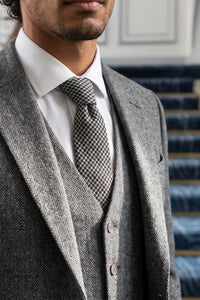 Cravată bărbătească din amestec de lână Houndstooth alb-negru