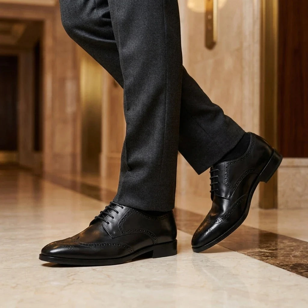 Pantofi brogue bărbătești din piele neagră, clasici, formali, cu șireturi