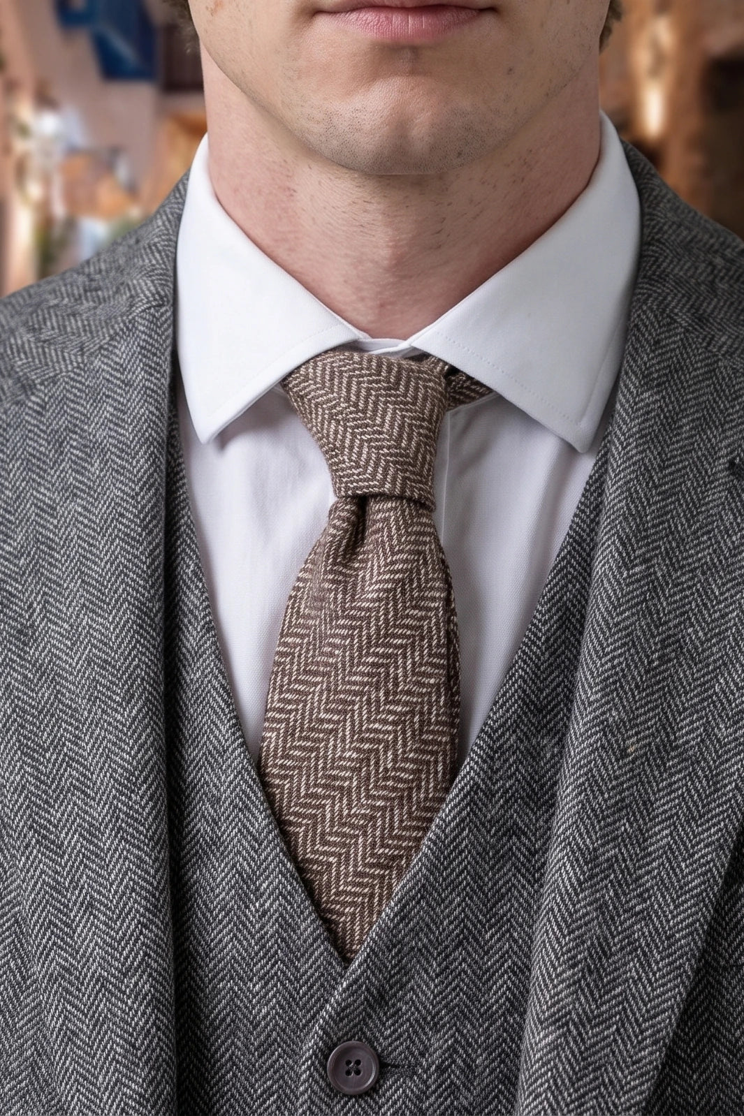 Cravată bărbătească maro în carouri cu model herringbone din tweed