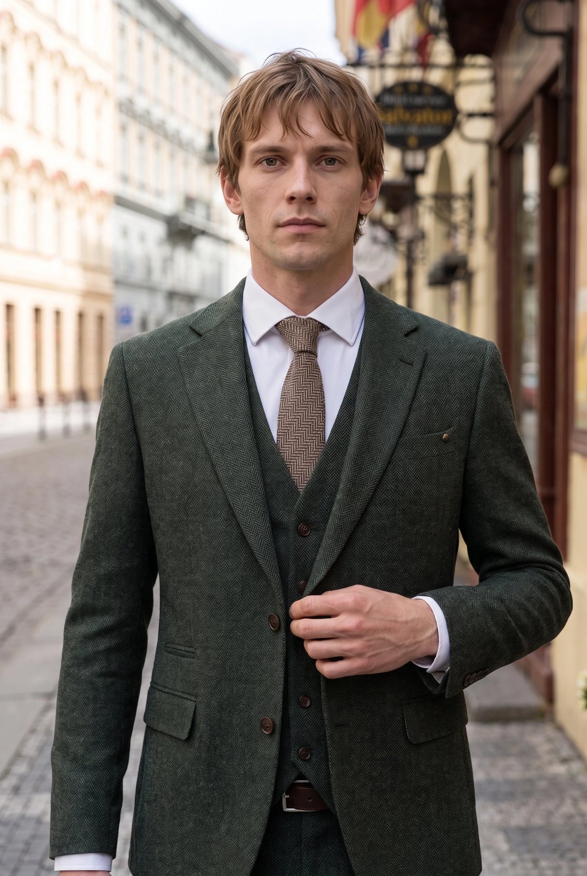 Cravată bărbătească maro în carouri cu model herringbone din tweed