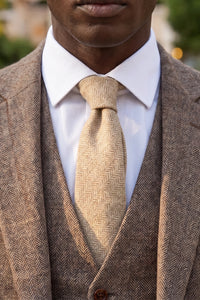 Cravată bărbătească din amestec de lână crem din tweed