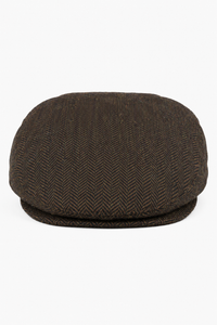 Șapcă plată bărbătească din lână cu model herringbone, maro, tweed, clasică, anii 1920, unisex, Del Boy