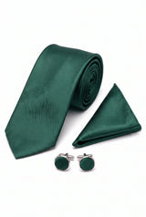 Set de cravate bărbătești verde pădure cu batistă de buzunar și butoni