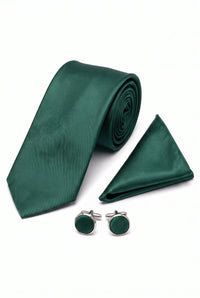 Set de cravate bărbătești verde pădure cu batistă de buzunar și butoni