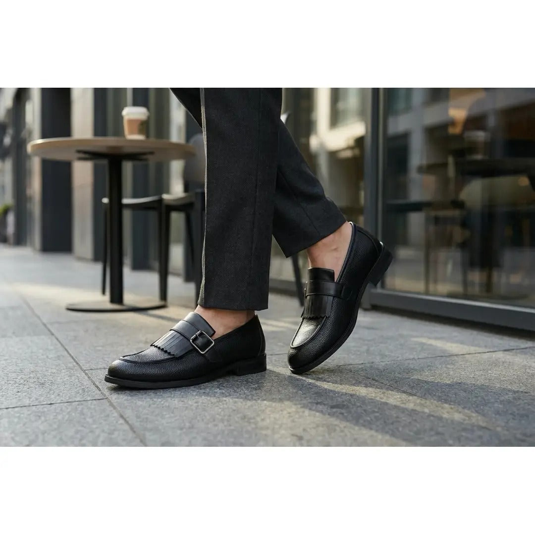 Mocasini slip-on pentru bărbați cu franjuri și baretă Monk Strap