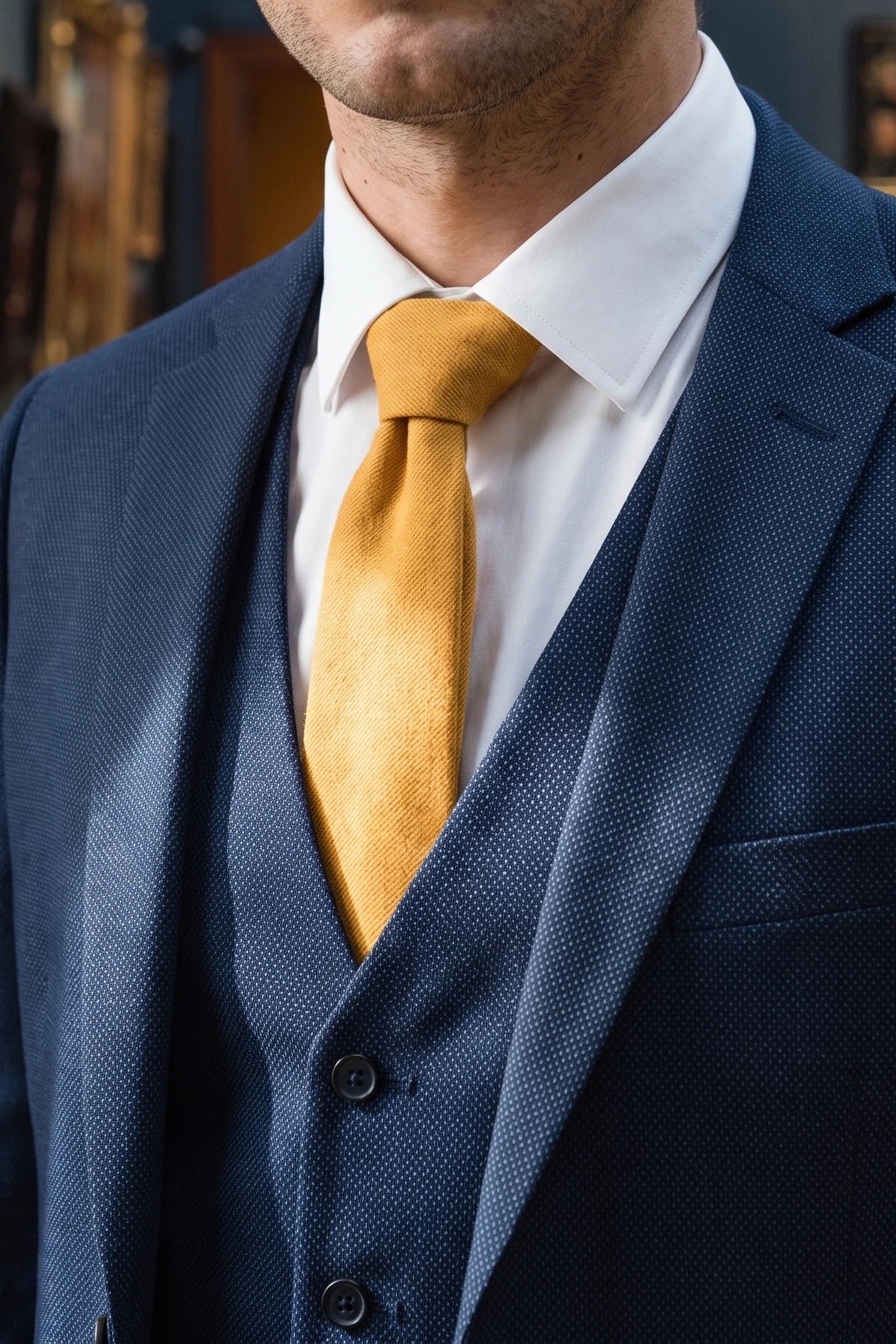 Cravată bărbătească din piele întoarsă aurie