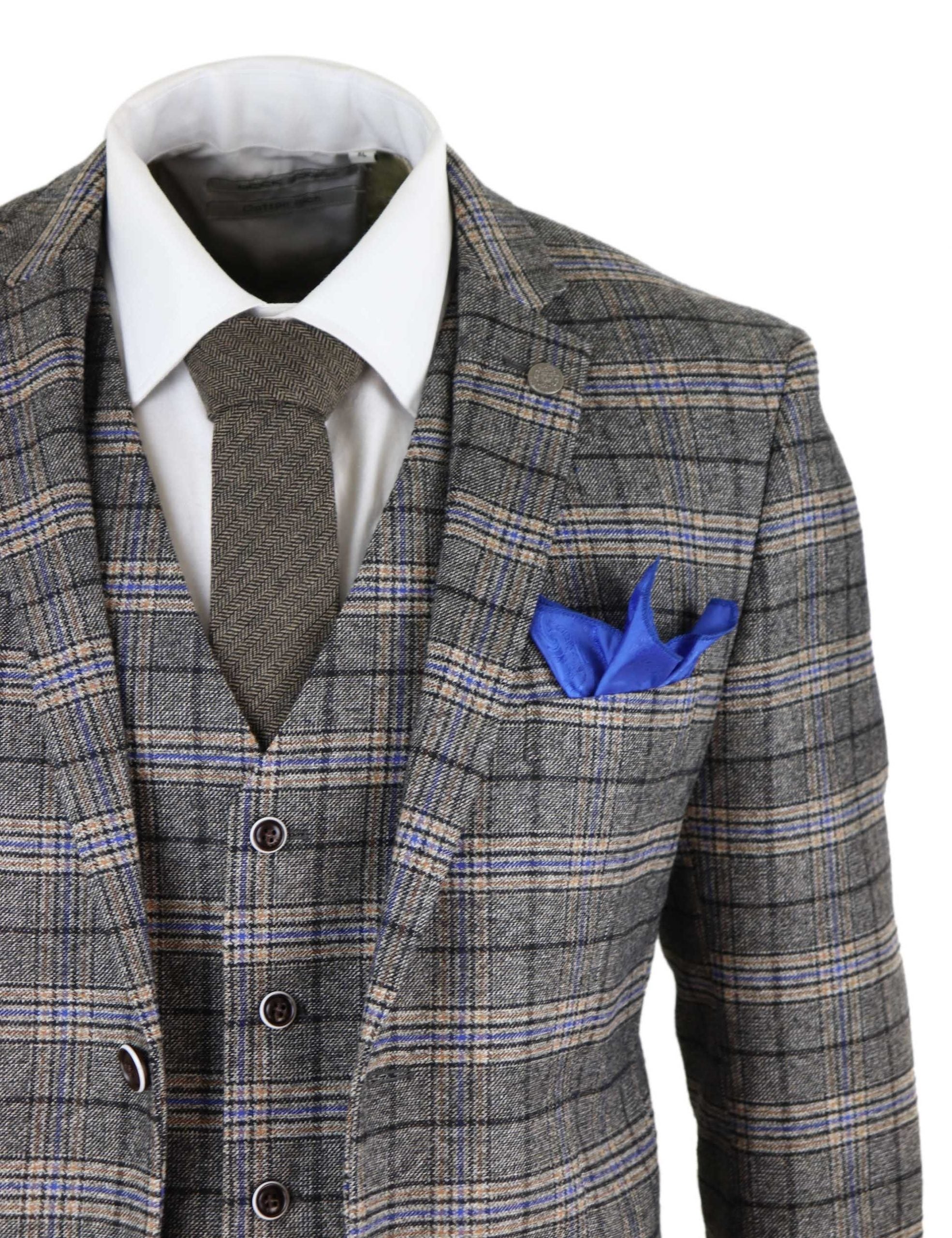 Mens Grey 3 Piece Tweed Check Suit