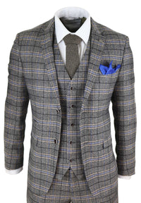 Mens Grey 3 Piece Tweed Check Suit