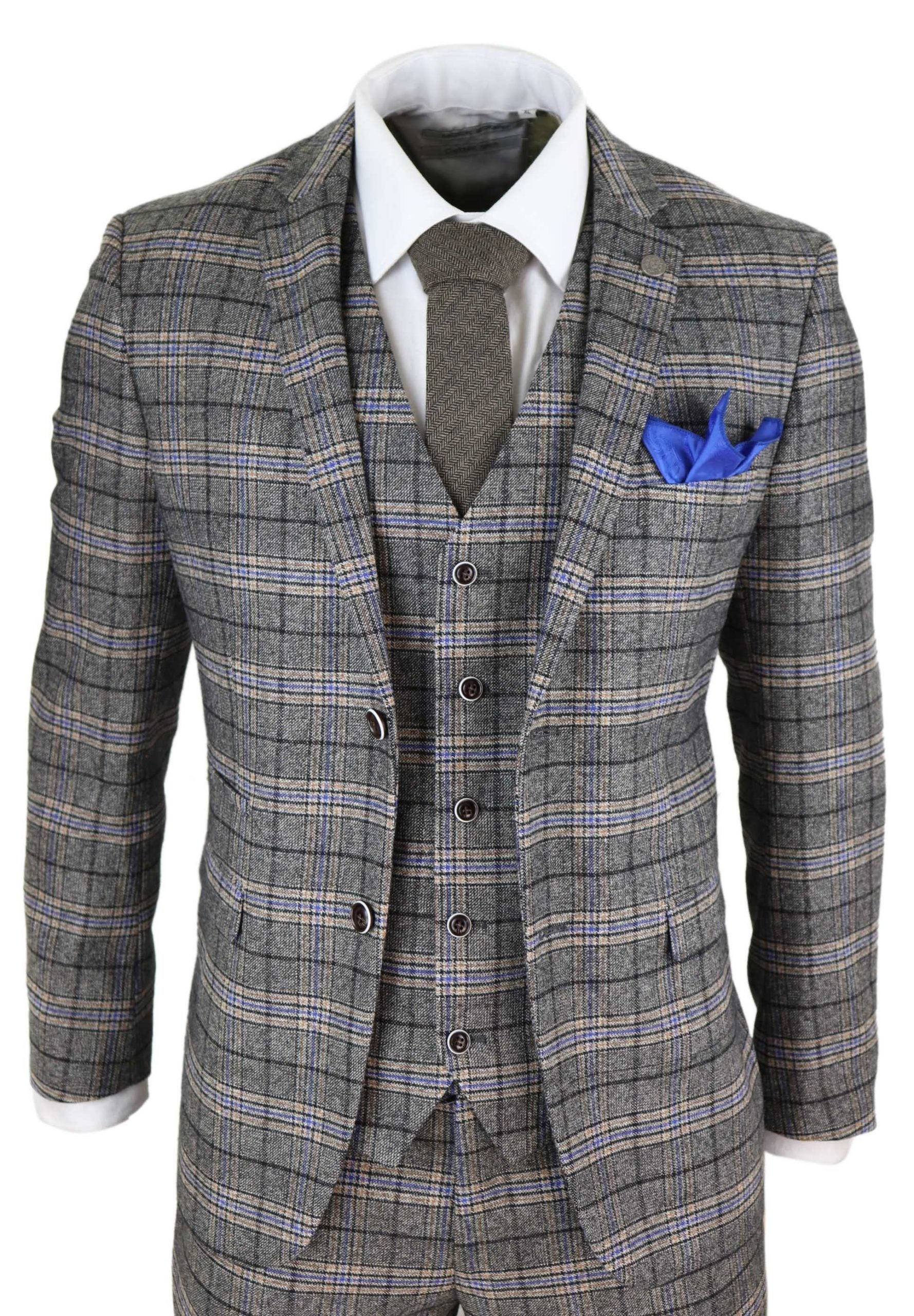 Mens Grey 3 Piece Tweed Check Suit