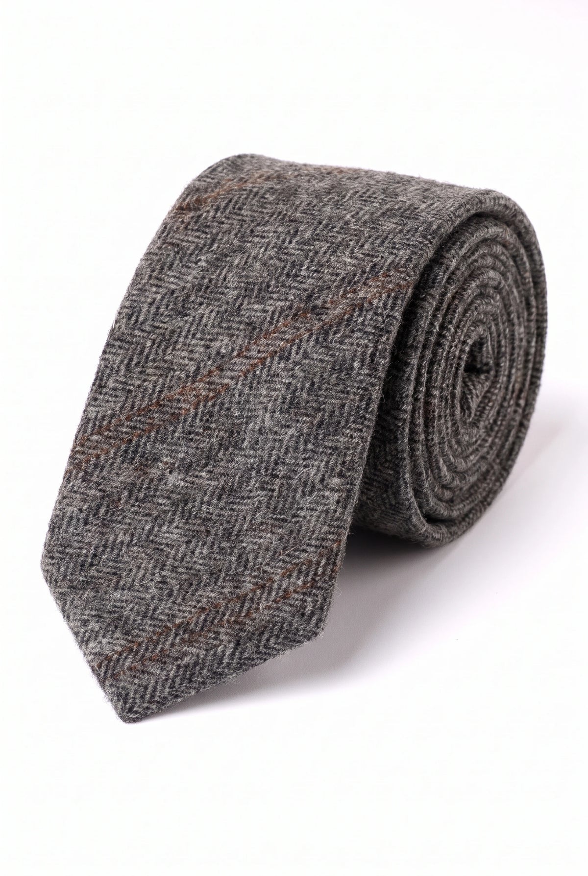 Cravată bărbătească gri în carouri herringbone din amestec de lână tweed