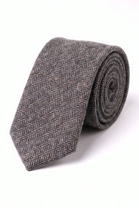 Cravată bărbătească gri în carouri herringbone din amestec de lână tweed