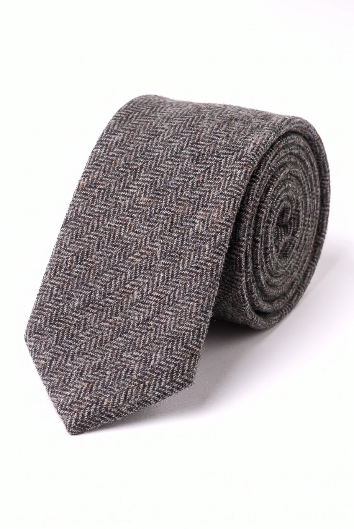 Cravată bărbătească gri în carouri herringbone din amestec de lână tweed