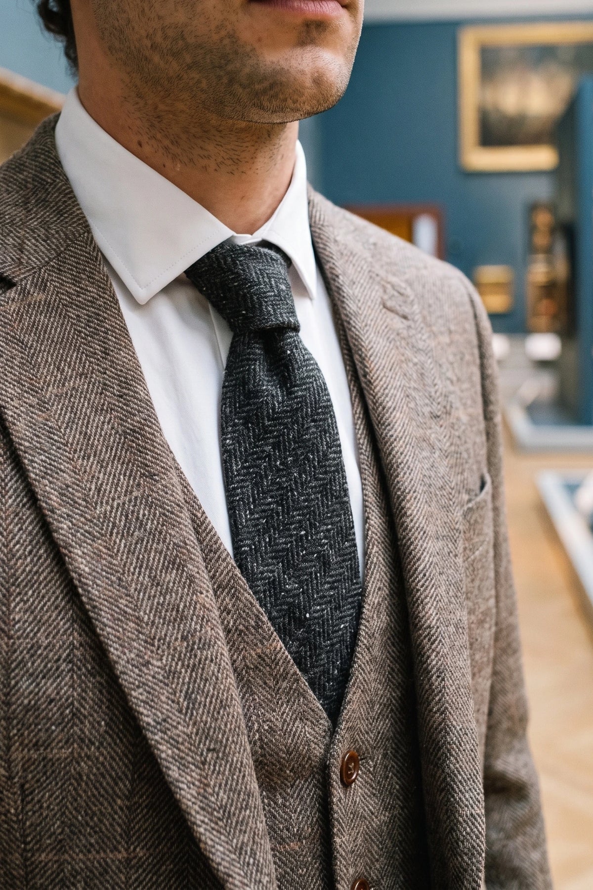 Cravată bărbătească gri din amestec de lână tweed