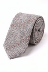 Cravată bărbătească gri din lână tweed cu model herringbone în carouri