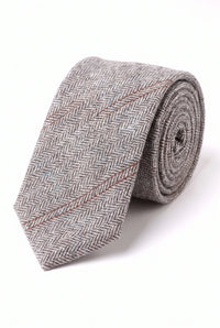 Cravată bărbătească gri din lână tweed cu model herringbone în carouri