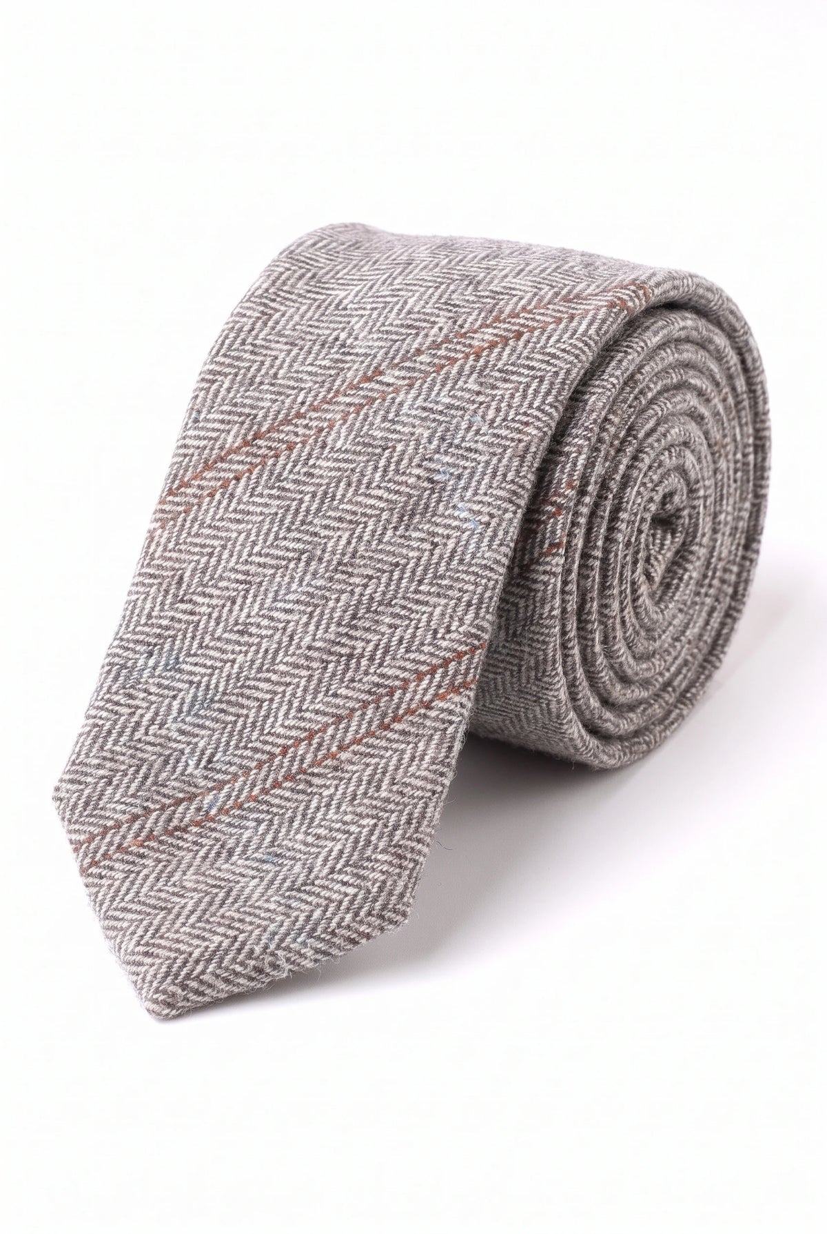 Cravată bărbătească gri din lână tweed cu model herringbone în carouri