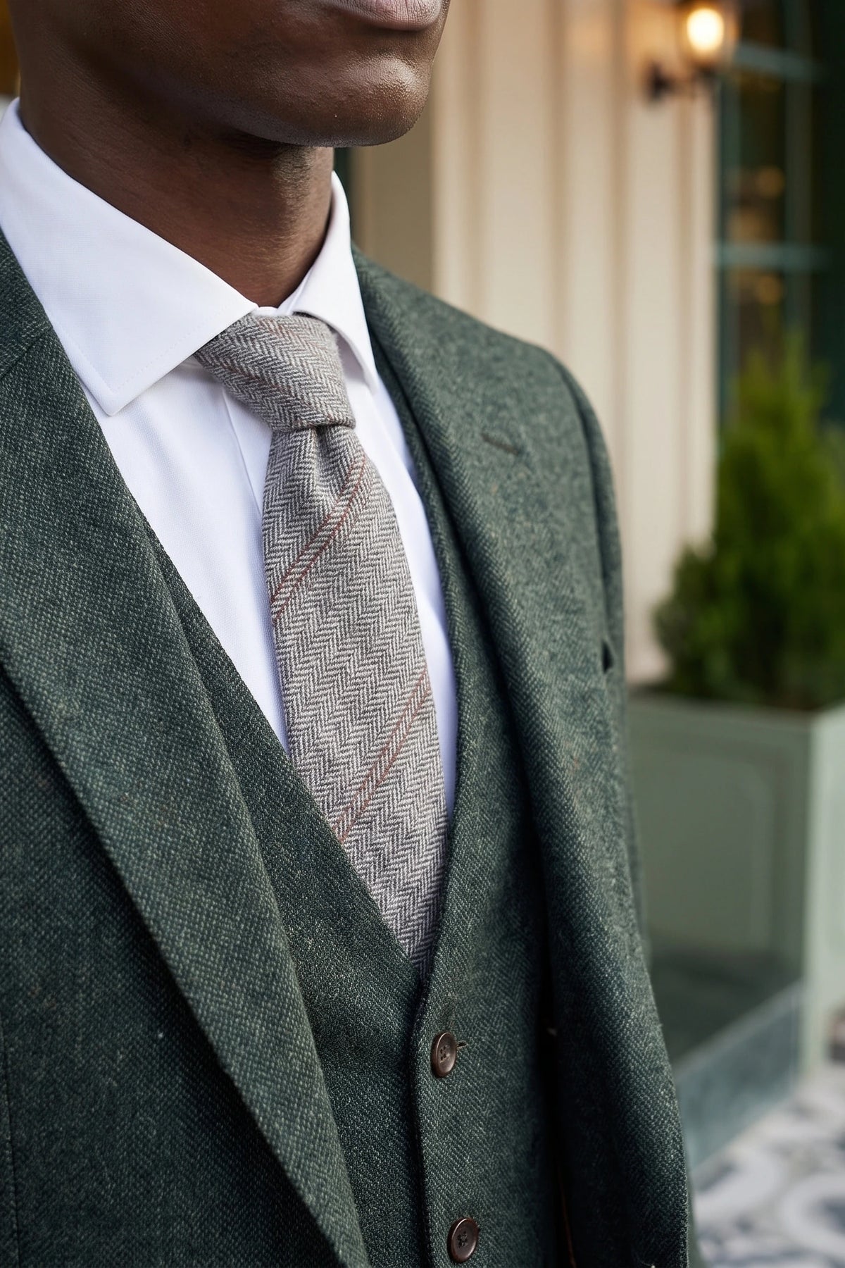Cravată bărbătească gri din lână tweed cu model herringbone în carouri