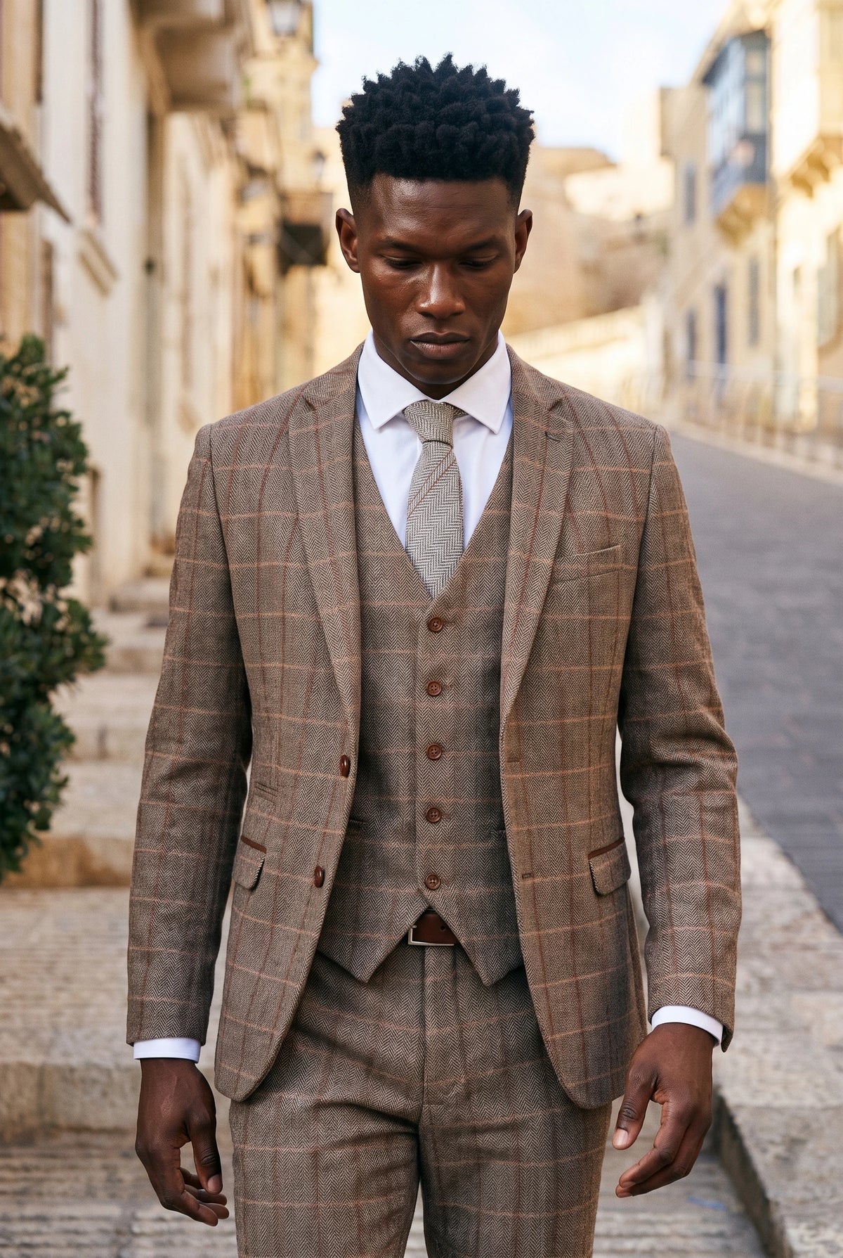 Cravată bărbătească gri din lână tweed cu model herringbone în carouri