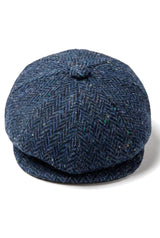 Șapcă bărbătească Herringbone din tweed albastru cu 8 panouri