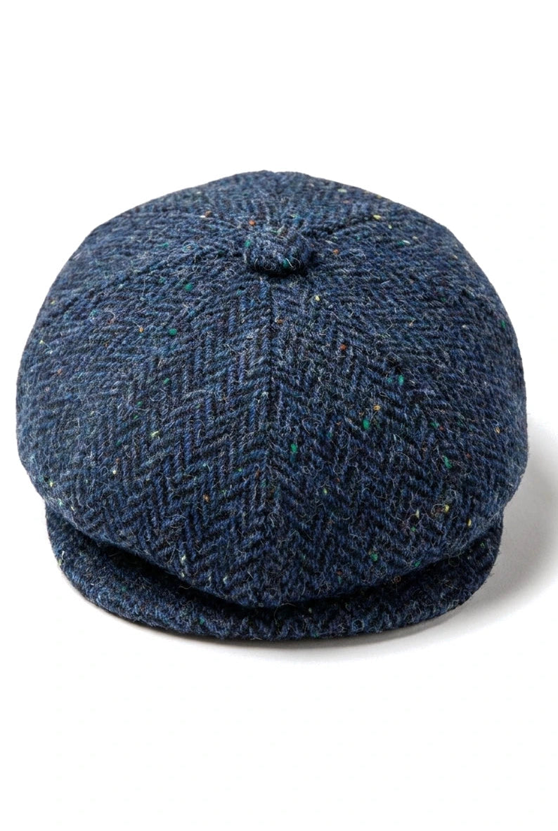 Șapcă bărbătească Herringbone din tweed albastru cu 8 panouri
