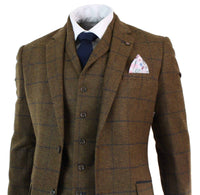 Mens Herringbone Tweed Check 3 Piece Wool Suit Peaky Blinders - Tan Brown