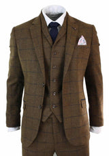 Mens Herringbone Tweed Check 3 Piece Wool Suit Peaky Blinders - Tan Brown
