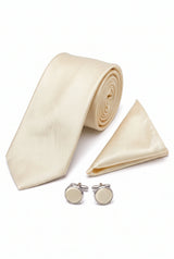 Set de cravate bărbătești ivory cu batistă de buzunar și butoni