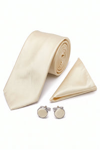 Set de cravate bărbătești ivory cu batistă de buzunar și butoni