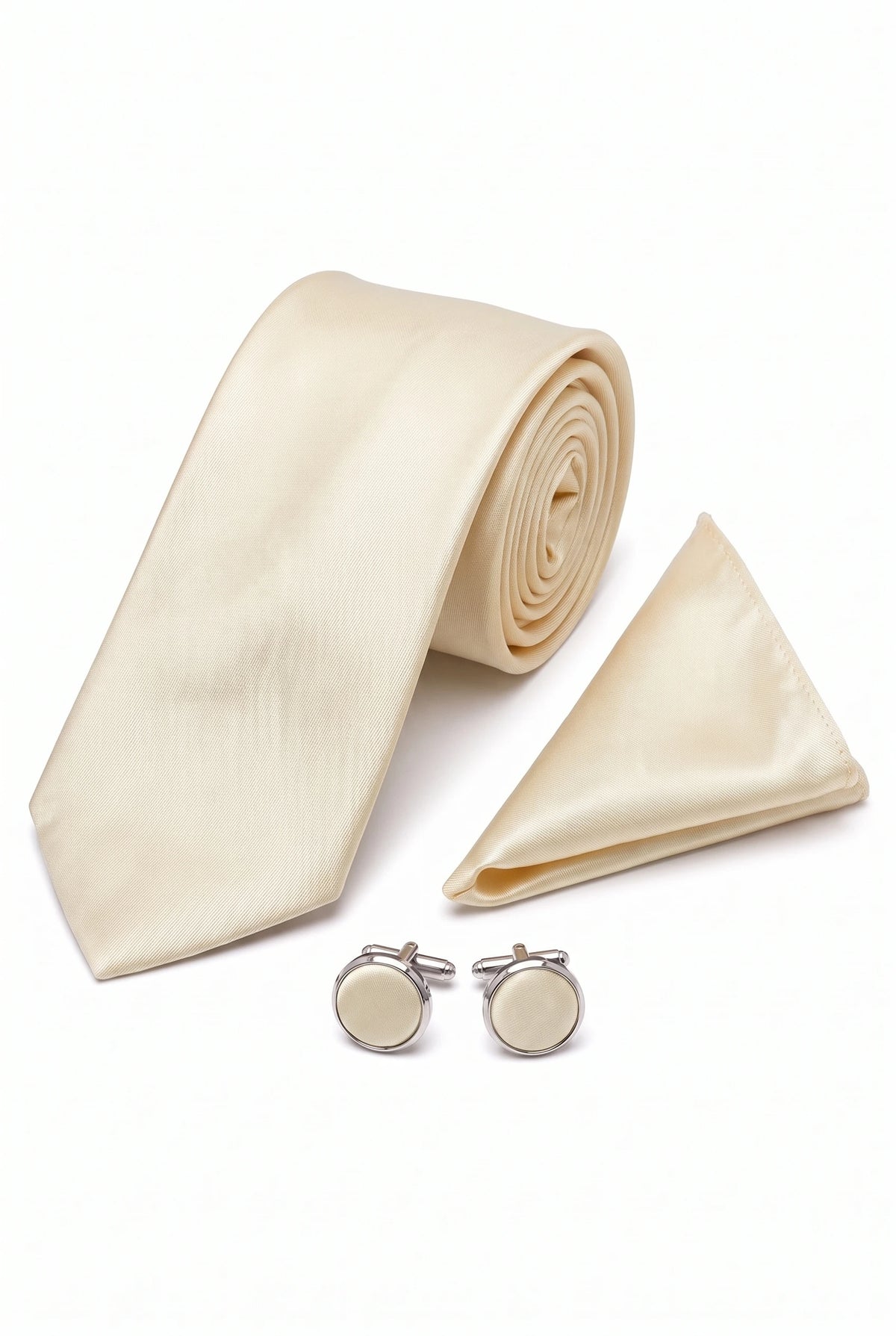 Set de cravate bărbătești ivory cu batistă de buzunar și butoni