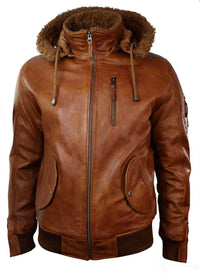 Mens Real Leather Hood Fur Jacket Bomber Aviator Vintage Brown Retro-Tan