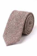 Cravată bărbătească maro deschis, model tweed din amestec de lână cu model herringbone