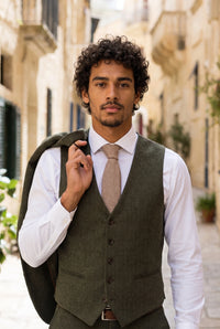 Cravată bărbătească maro deschis, model tweed din amestec de lână cu model herringbone