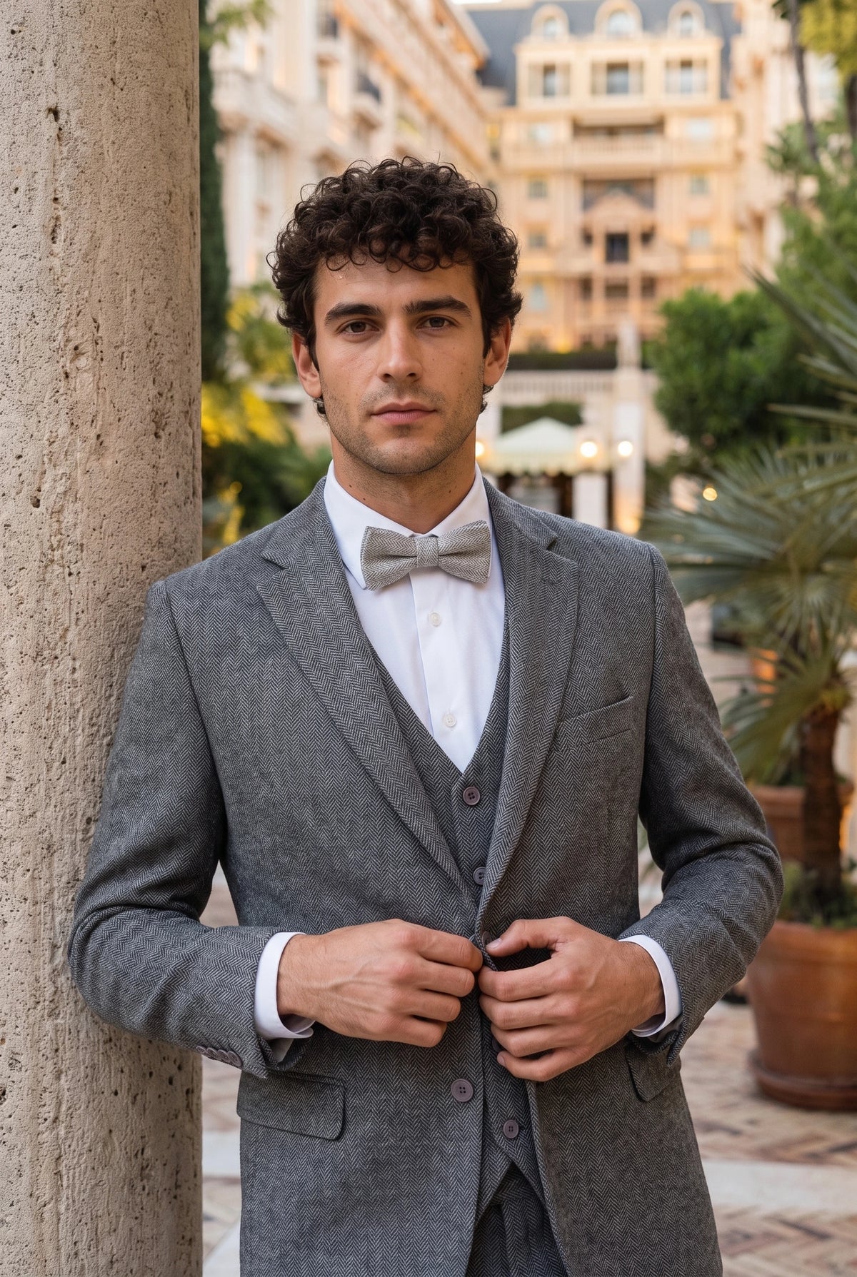 Papion bărbătesc gri deschis din tweed
