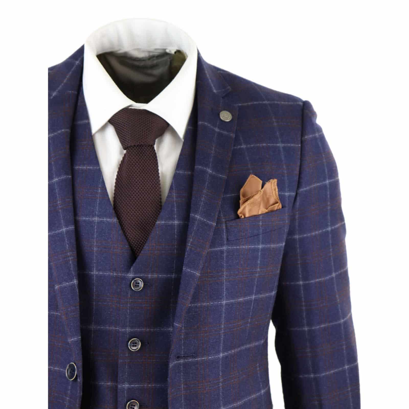 Mens Navy-Blue Check 3 Piece Suit - Paul Andrew Kenneth
