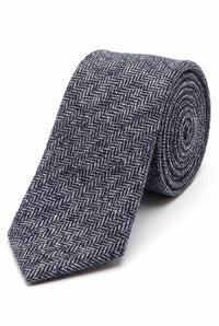 Cravată bărbătească bleumarin cu model tweed din amestec de lână în spic de hering