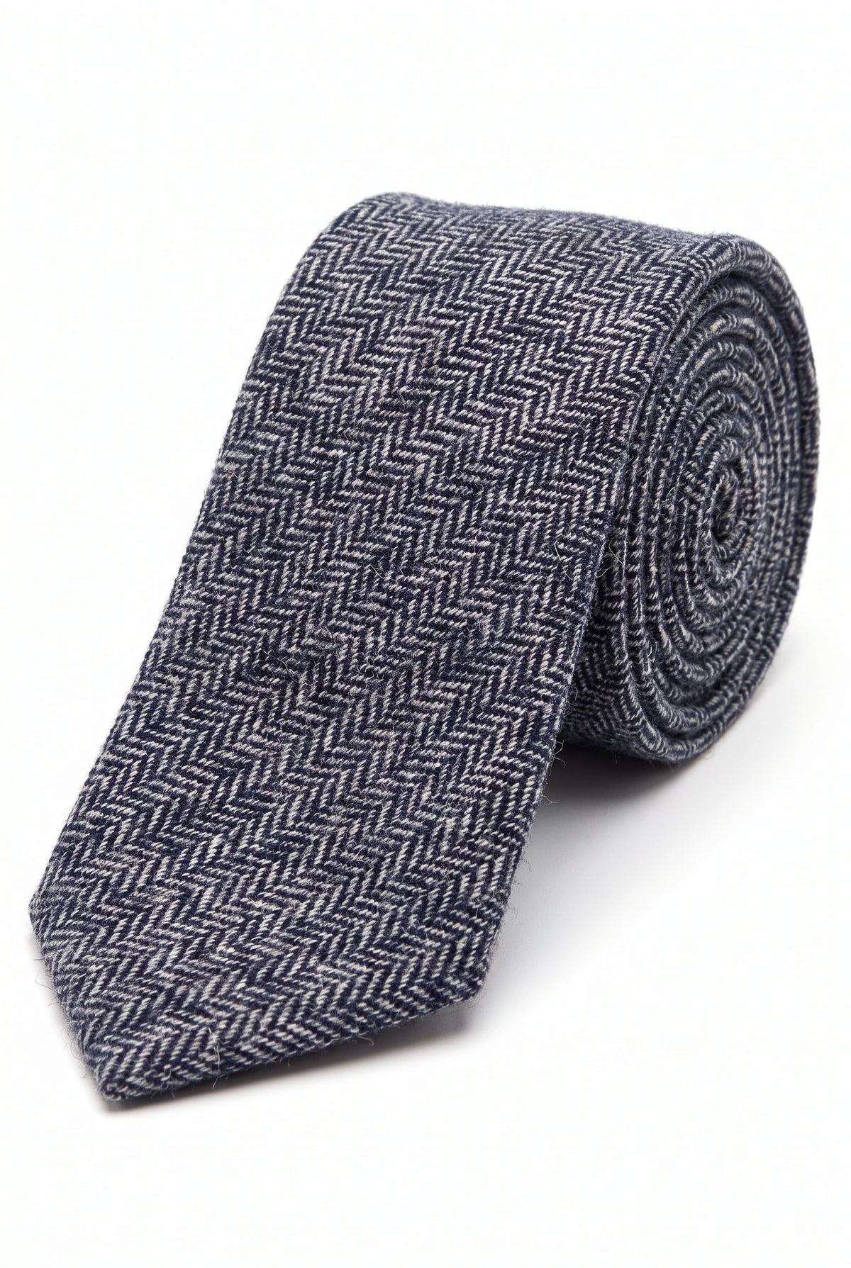 Cravată bărbătească bleumarin cu model tweed din amestec de lână în spic de hering