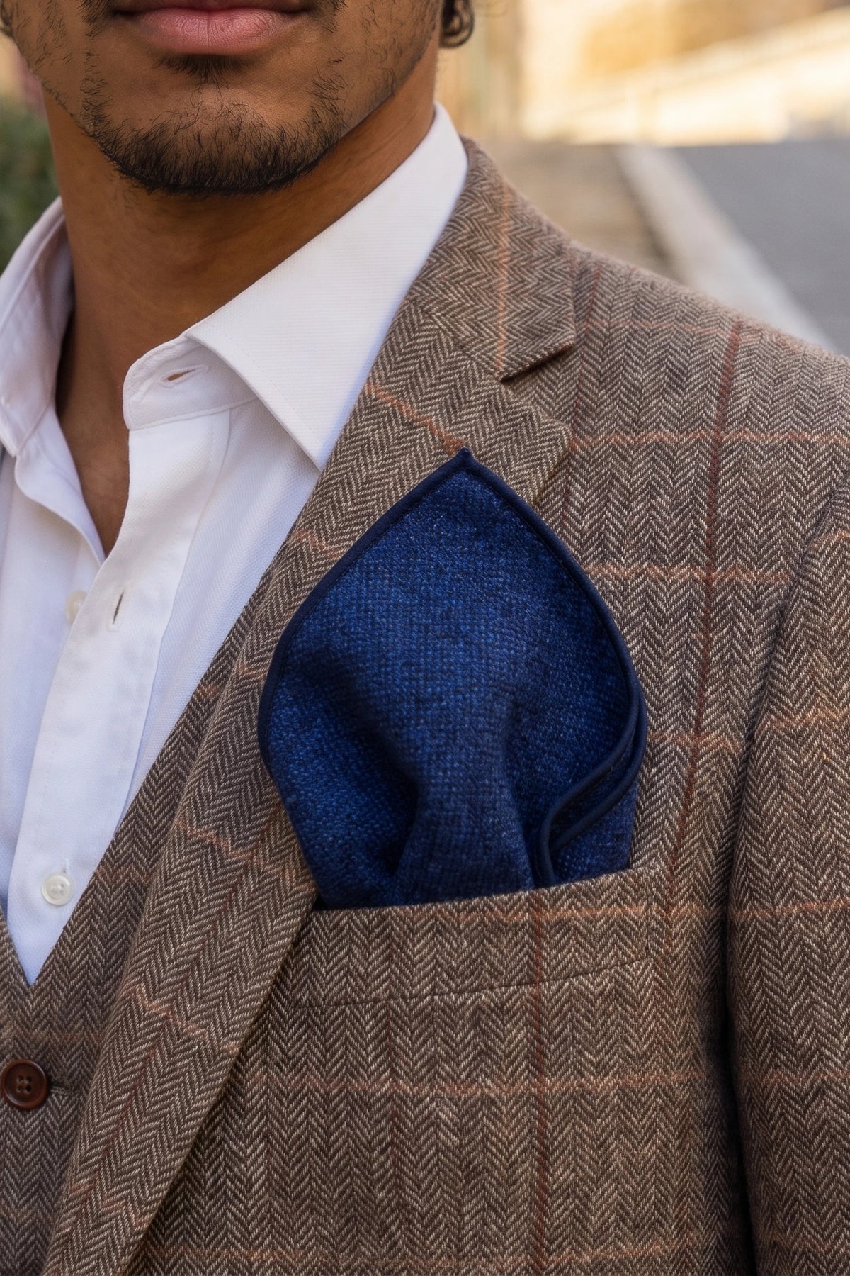 Batistă de buzunar bărbătească din amestec de lână și tweed bleumarin
