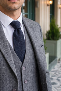 Cravată bărbătească din amestec de lână bleumarin cu model tweed